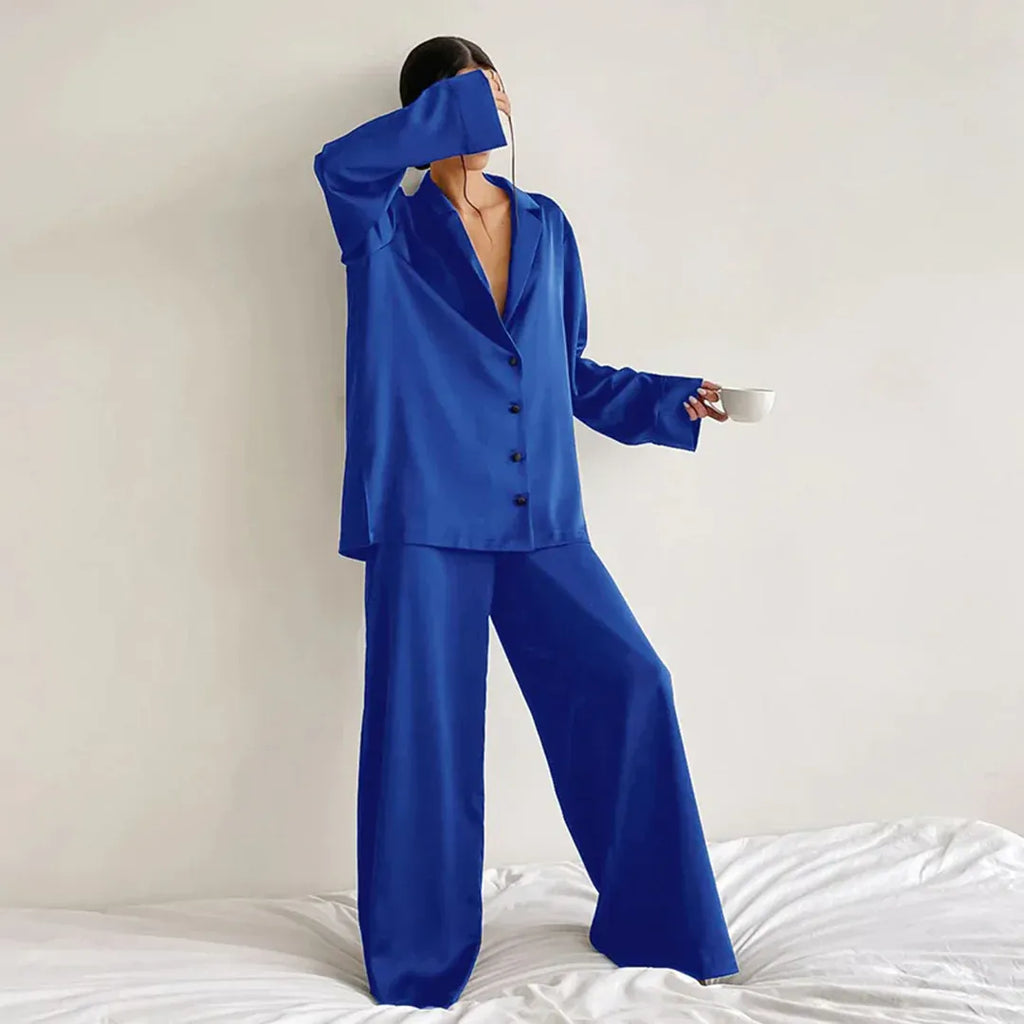 Schlafanzug Set Satin Lockerer Schnitt Shirtoberteil Weite Hose