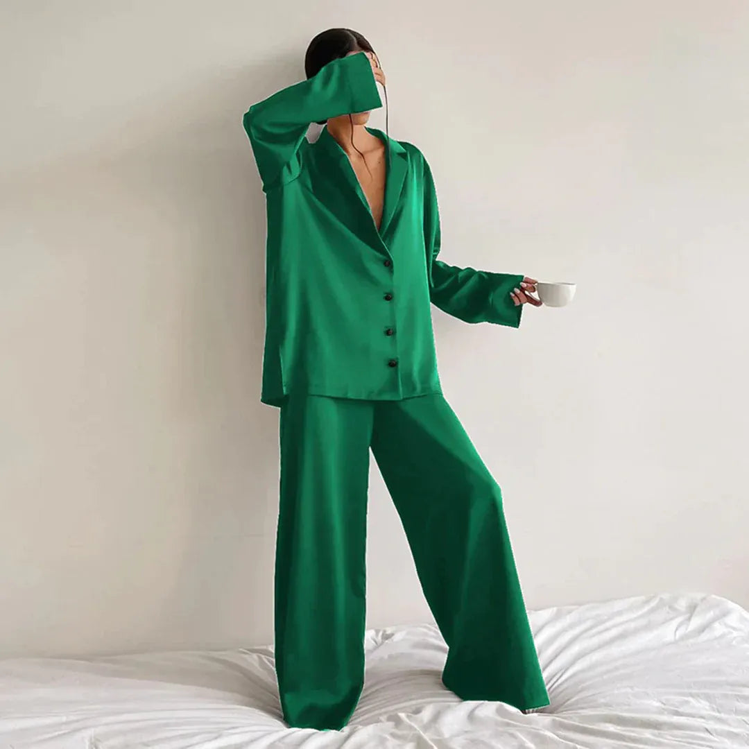 Schlafanzug Set Satin Lockerer Schnitt Shirtoberteil Weite Hose