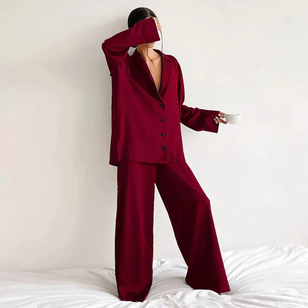 Schlafanzug Set Satin Lockerer Schnitt Shirtoberteil Weite Hose