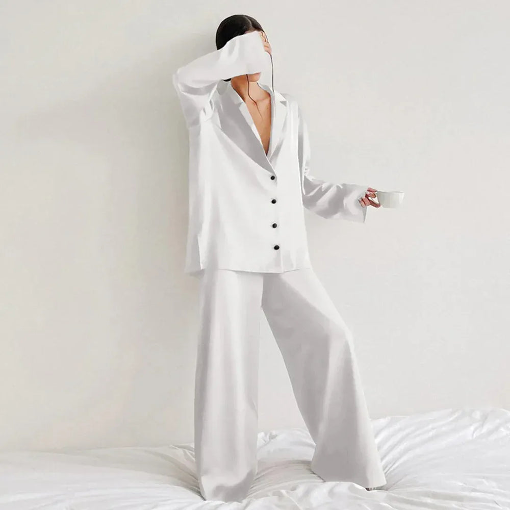 Schlafanzug Set Satin Lockerer Schnitt Shirtoberteil Weite Hose