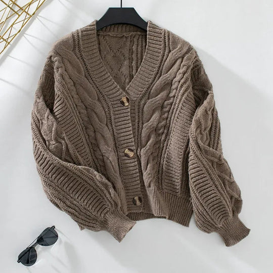 Shopnory | Strickjacke Pullover Wolle Strick V-Ausschnitt Kabelstrick Knöpfe Vorne Lässige Passform