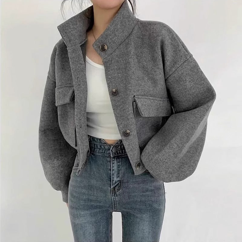 Kurze graue Wolljacke für Frauen Mauwi