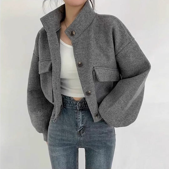 Kurze graue Wolljacke für Frauen Mauwi