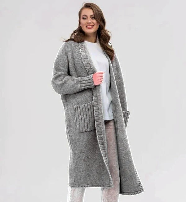 Strickjacke Gestrickte Woll Optik Übergröße Passform Lang mit Großen Taschen