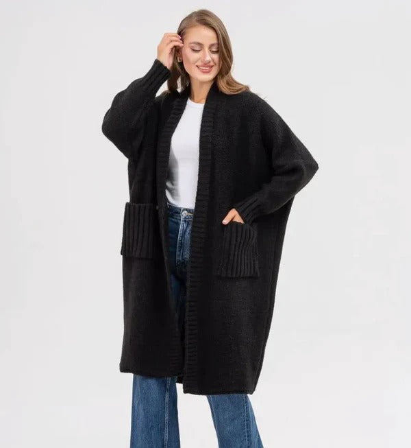 Strickjacke Gestrickte Woll Optik Übergröße Passform Lang mit Großen Taschen