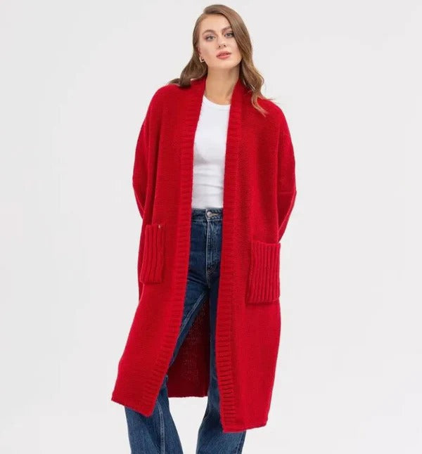 Strickjacke Gestrickte Woll Optik Übergröße Passform Lang mit Großen Taschen