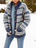 Strickjacke Wollstrick Lässige Passform Schalkragen Fair Isle Muster Druckknopf Vorne