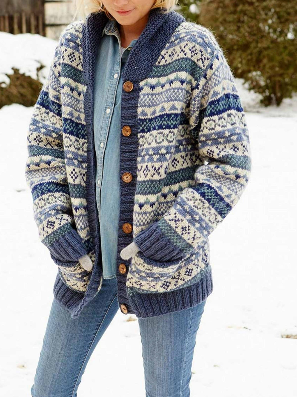 Strickjacke Wollstrick Lässige Passform Schalkragen Fair Isle Muster Druckknopf Vorne