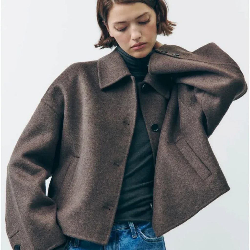 Cropped Wollmischung Jacke Minimalistische Knopf Down Oberbekleidung