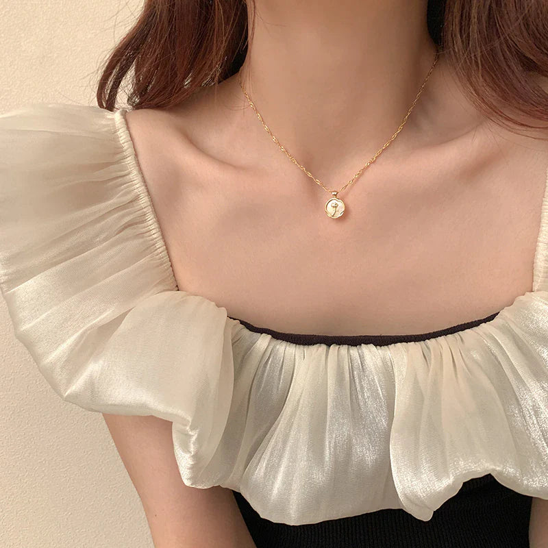 Runde Muschel Metall Rose Anhänger Halskette | Shop Nory