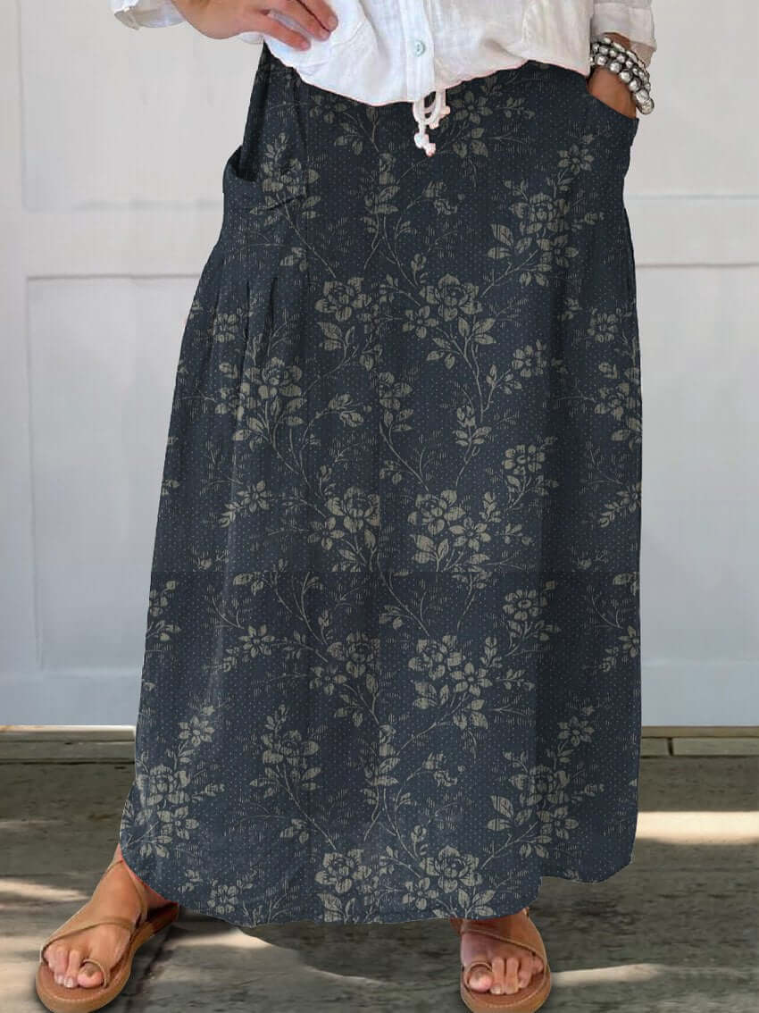 Shopnory | Vintage Blumen Leinen Elastischer Taillenbund Rock mit Taschen