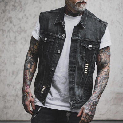 Herren Motorrad-Denimweste mit Motorrad- und Skelettdruck