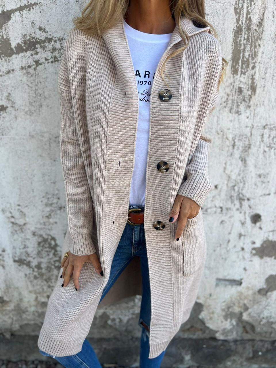 Strickjacke Lange Offene Front Ribbed Knopfverschluss & Vordertaschen