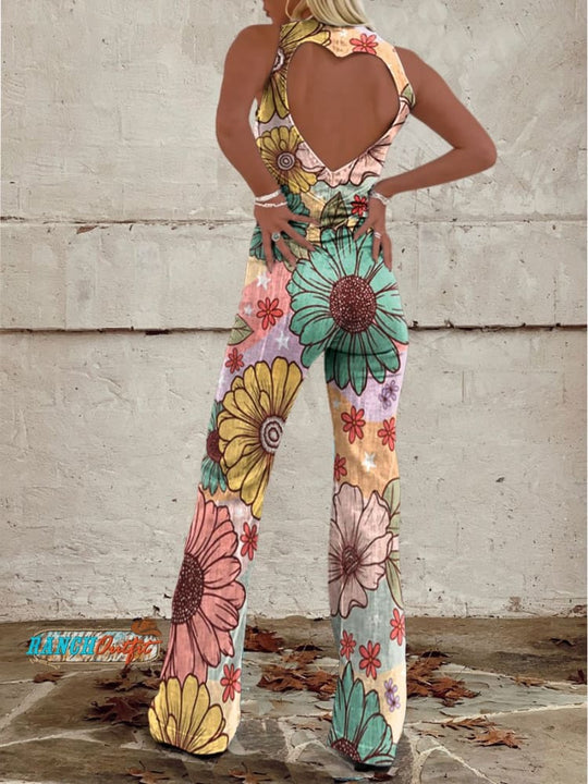Floral Art Denim Jumpsuit