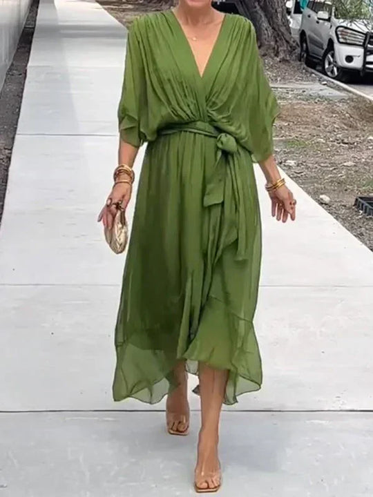 Shopnory | Grünes Chiffonkleid mit V-Ausschnitt