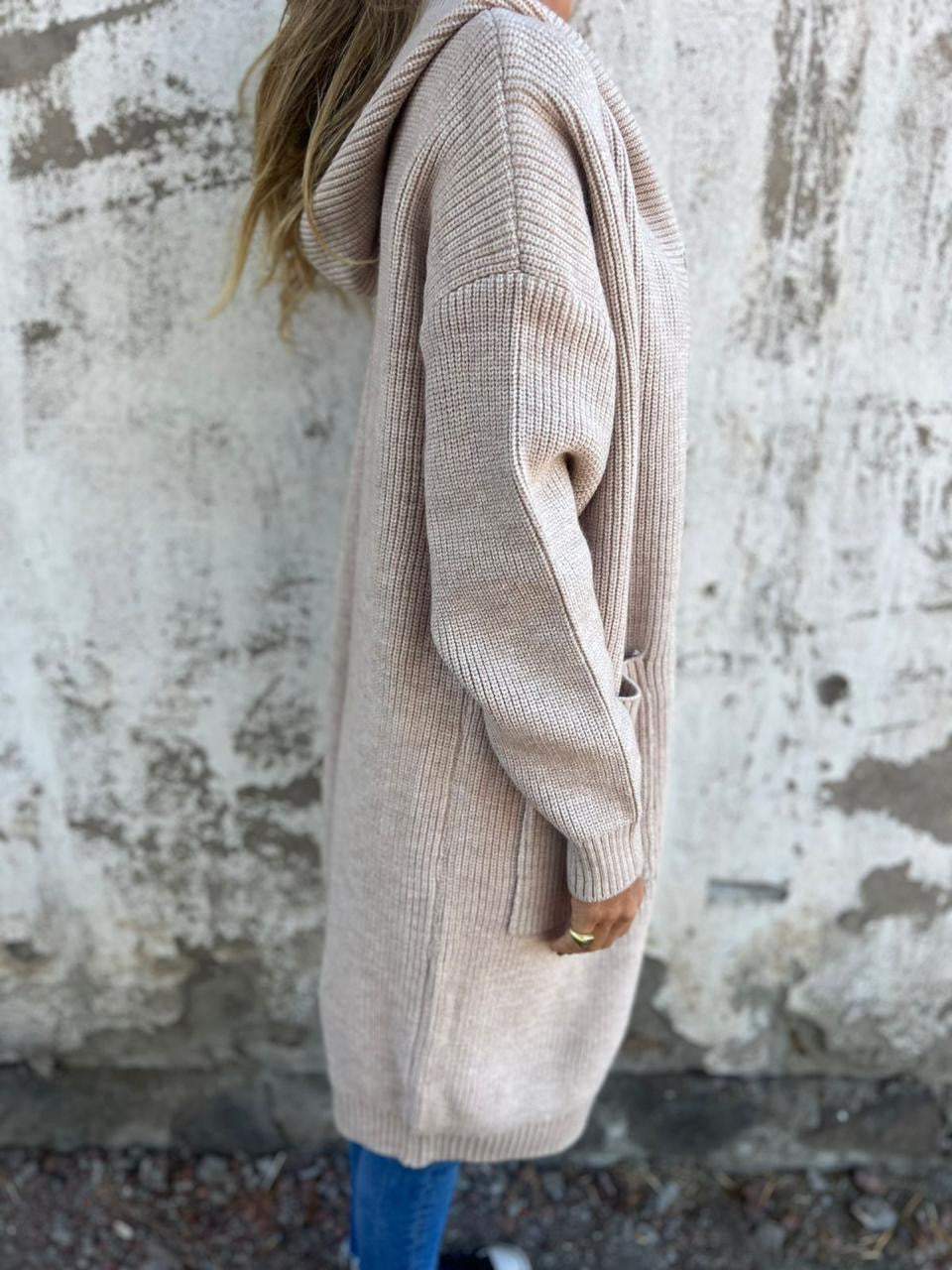 Strickjacke Lange Offene Front Ribbed Knopfverschluss & Vordertaschen