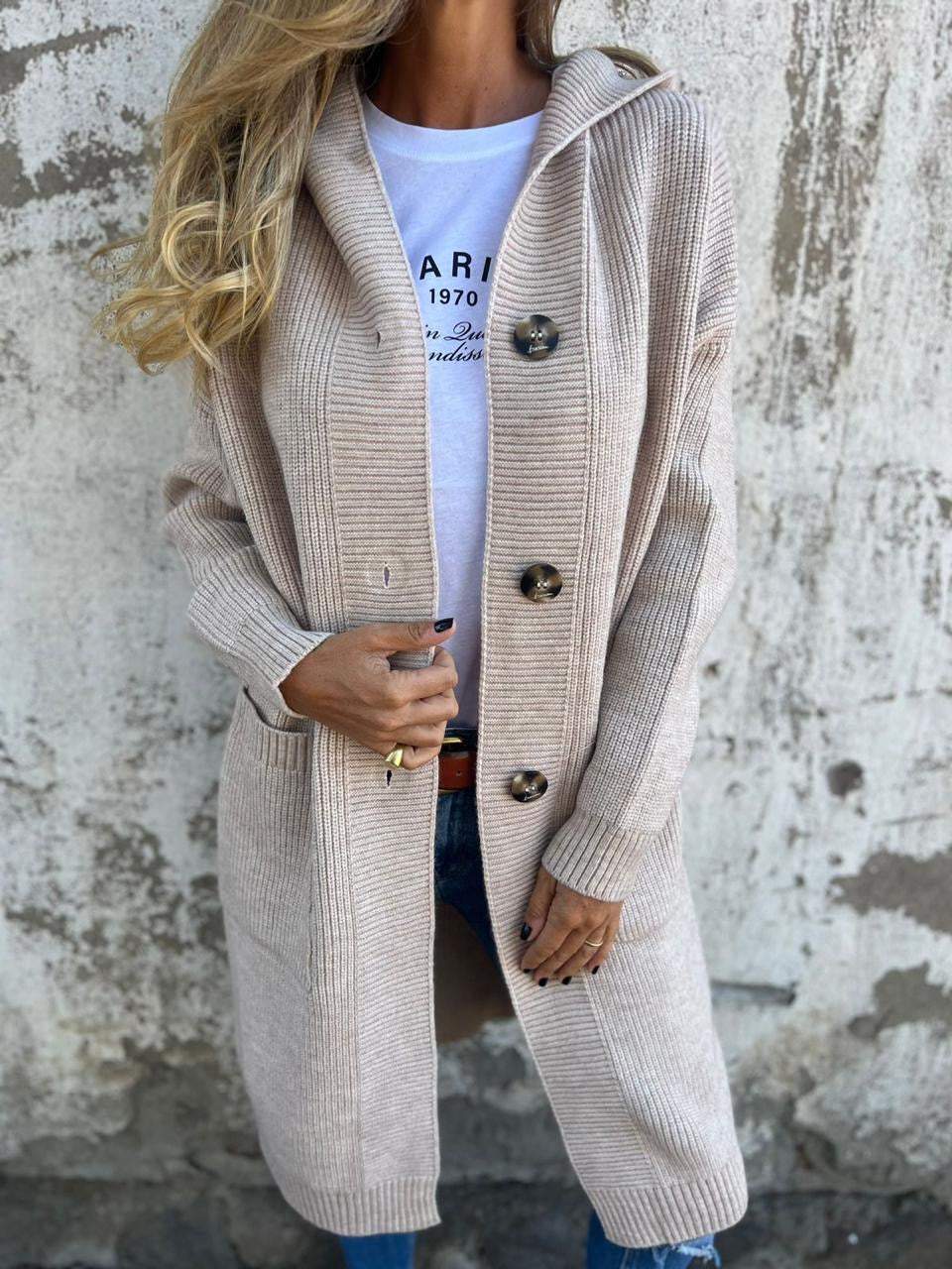 Strickjacke Lange Offene Front Ribbed Knopfverschluss & Vordertaschen