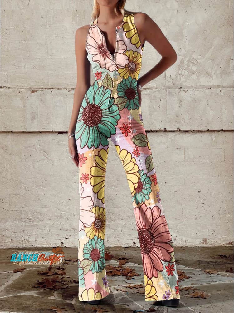 Floral Art Denim Jumpsuit