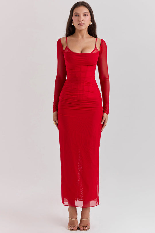 Elegantes Maxikleid mit tiefem Ausschnitt und langen Ärmeln