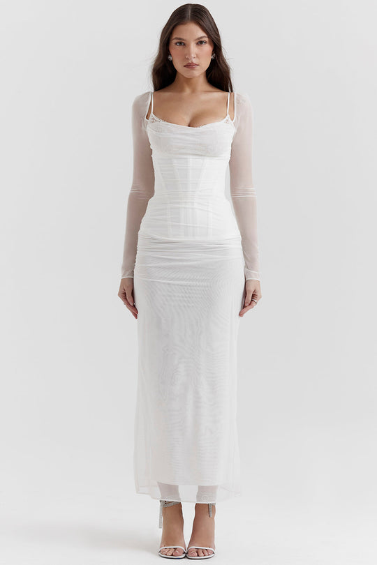 Elegantes Maxikleid mit tiefem Ausschnitt und langen Ärmeln