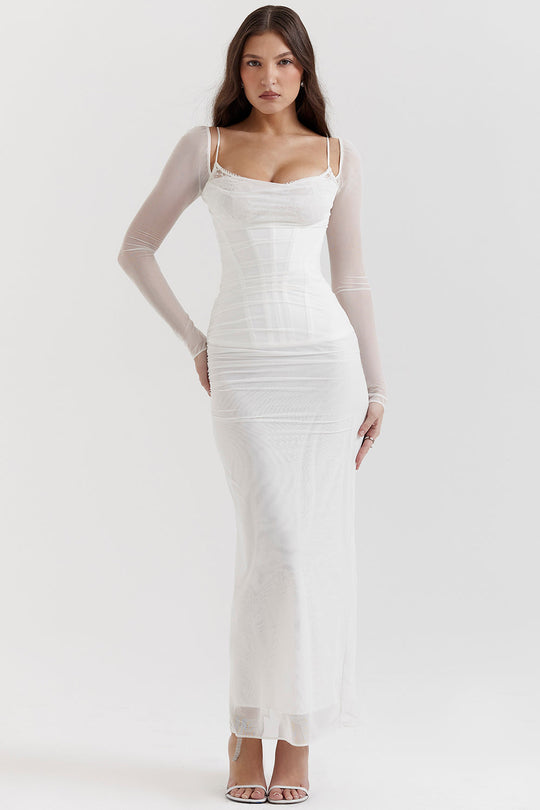 Elegantes Maxikleid mit tiefem Ausschnitt und langen Ärmeln