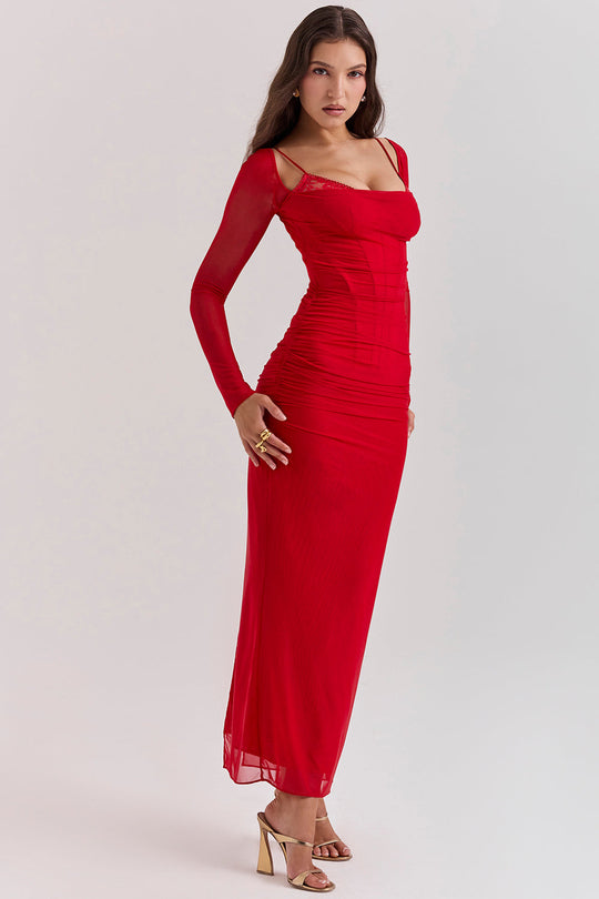 Elegantes Maxikleid mit tiefem Ausschnitt und langen Ärmeln