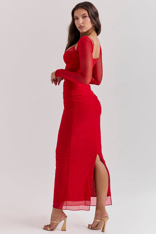 Elegantes Maxikleid mit tiefem Ausschnitt und langen Ärmeln