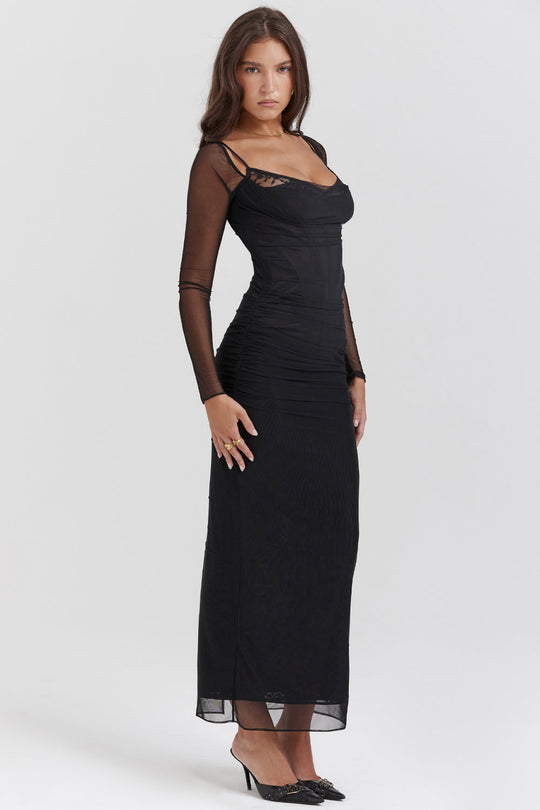 Elegantes Maxikleid mit tiefem Ausschnitt und langen Ärmeln
