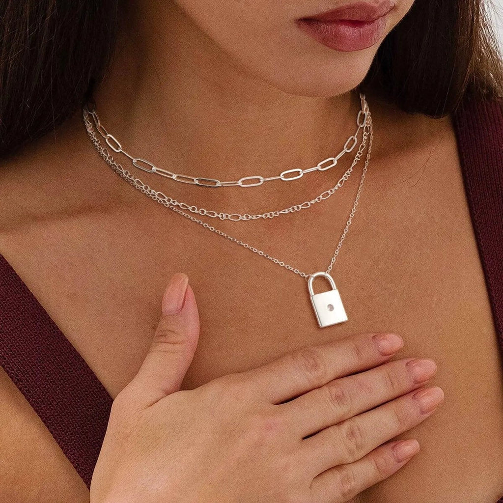 Silber Geschichtete Schloss Halsketten | Shop Nory
