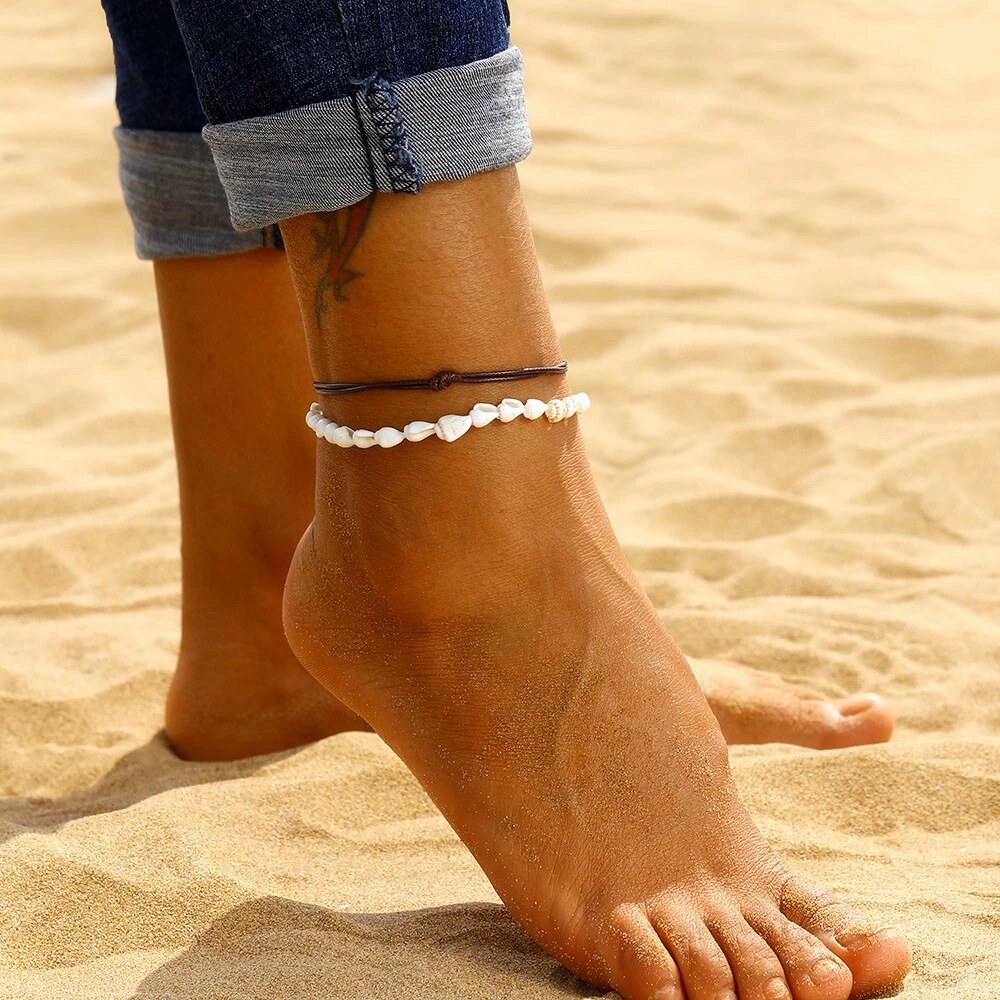 Leder und Muschel Boho Fußkette | Shop Nory