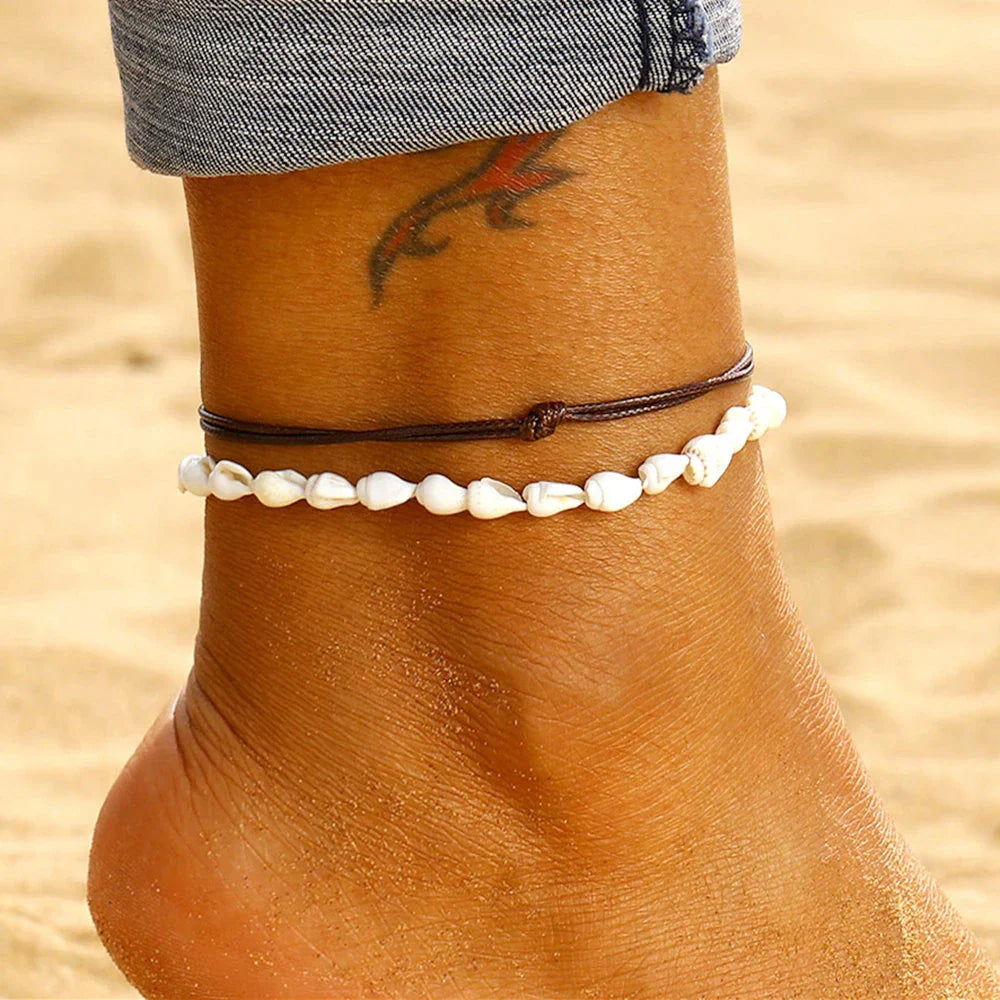 Leder und Muschel Boho Fußkette | Shop Nory