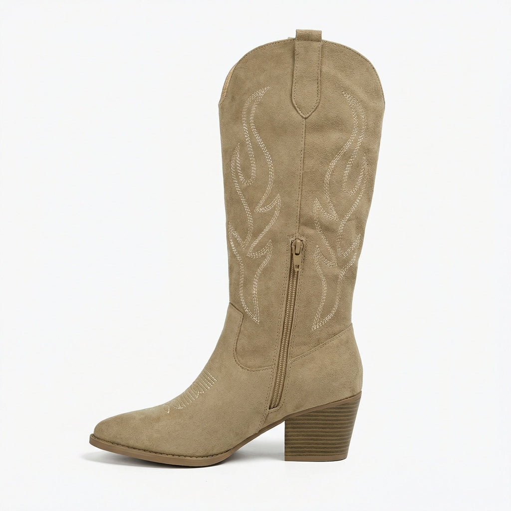 Cowboy Stiefel Retro Chunky Heel Spitzstiefel mit Stylischem Seitenreißverschluss