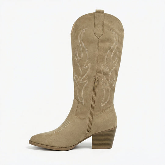 Cowboy Stiefel Retro Chunky Heel Spitzstiefel mit Stylischem Seitenreißverschluss