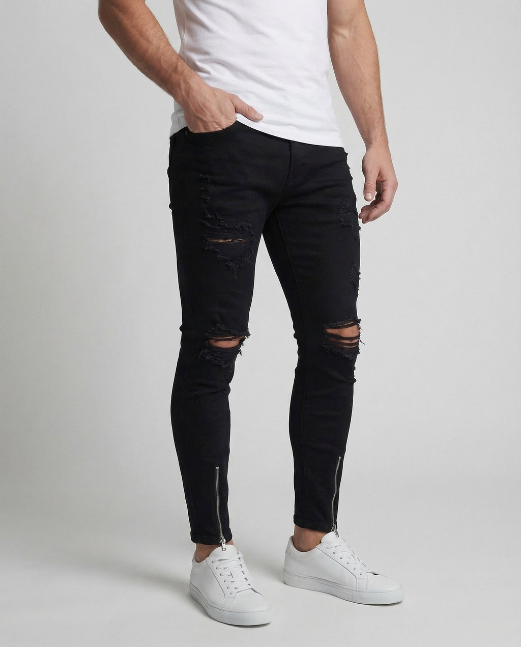 Herren Skinny Jeans mit Rissen & Saumreißverschluss