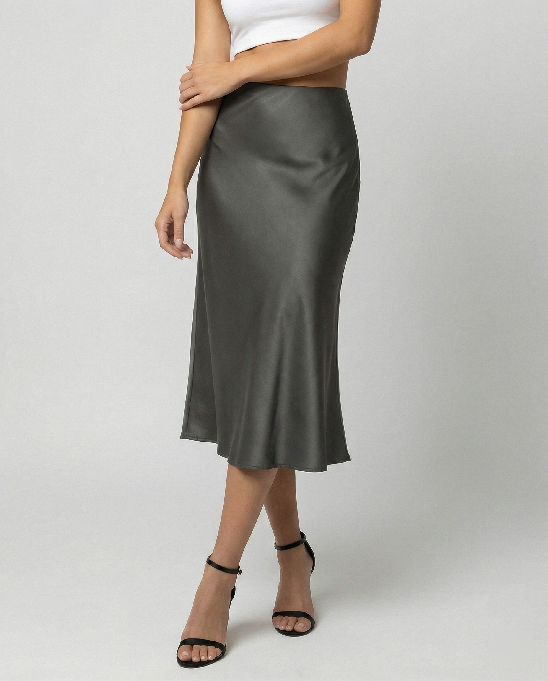 Damen eleganter Satin-Midirock mit fließendem Schnitt und hohem Bund