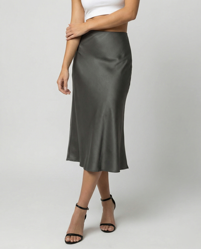 Damen eleganter Satin-Midirock mit fließendem Schnitt und hohem Bund