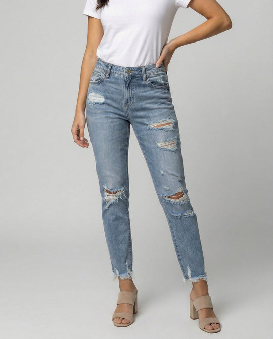 Damen Slim Fit Jeans mit Destroyed Details im Used-Look