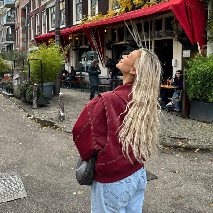 Shopnory | Damen Oversized Lederjacke Rot