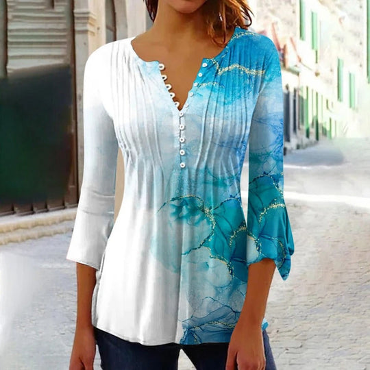 Damen V-Ausschnitt T-Shirt mit Knopfverschluss