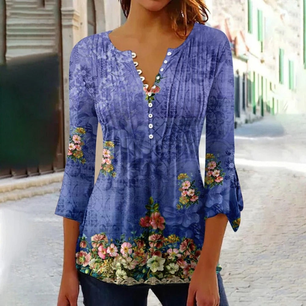 Damen V-Ausschnitt T-Shirt mit Knopfverschluss