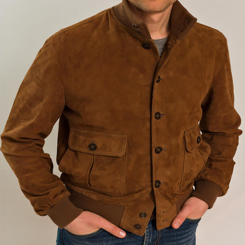 Herren Slim Suede Jacke mit Stehkragen und Klapptaschen