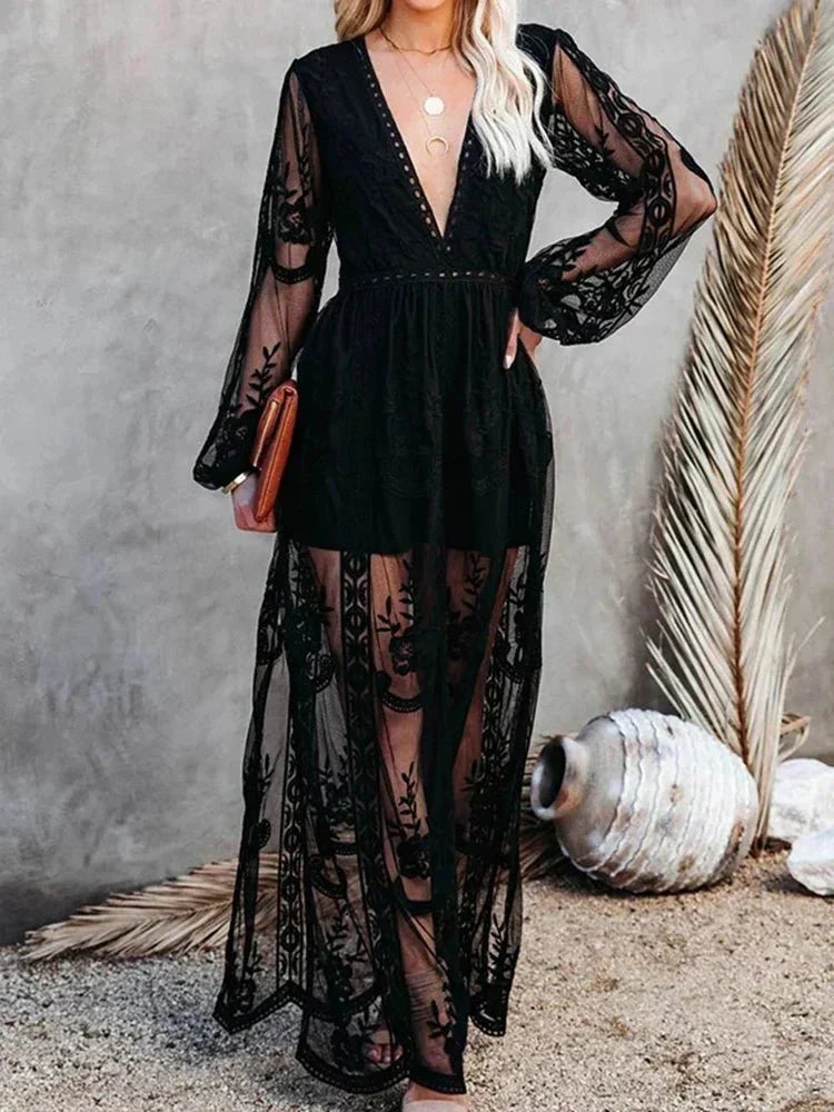 Elegantes und Fließendes Boho Spitzen-Maxikleid für Damen