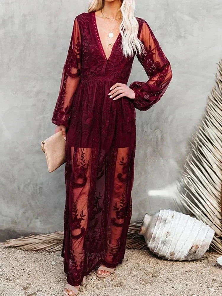 Elegantes und Fließendes Boho Spitzen-Maxikleid für Damen
