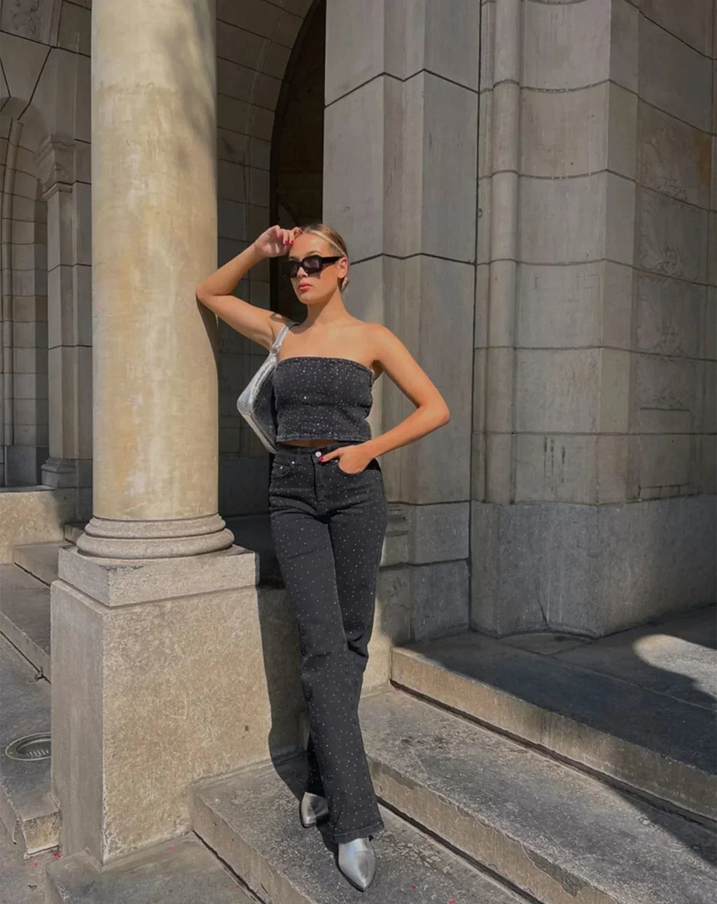 Shopnory | Denim Sparkle Pants mit Glitzer