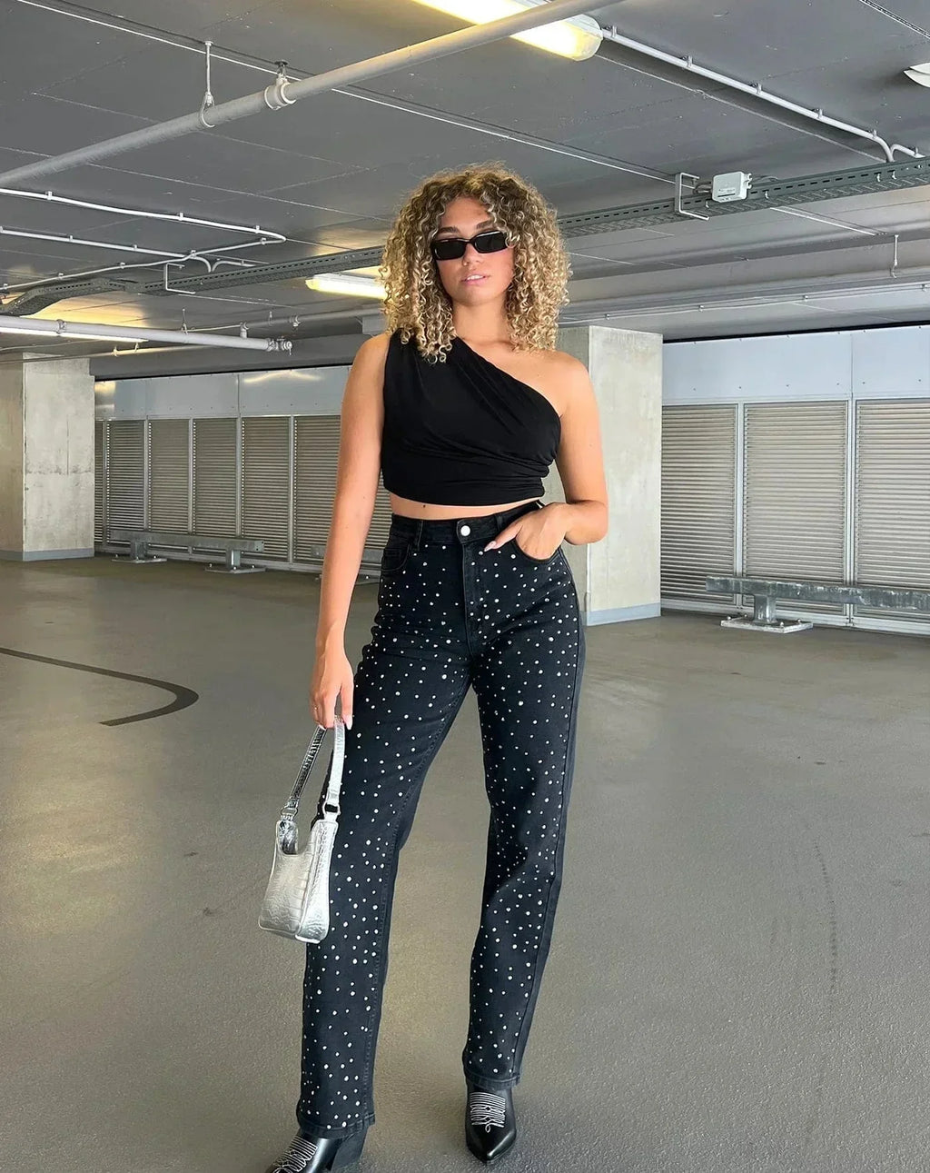 Shopnory | Denim Sparkle Pants mit Glitzer