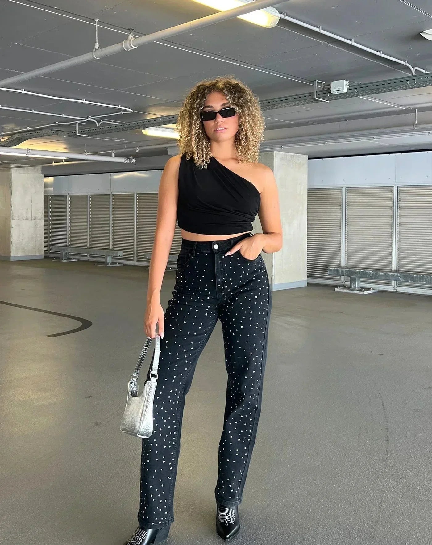 Shopnory | Denim Sparkle Pants mit Glitzer