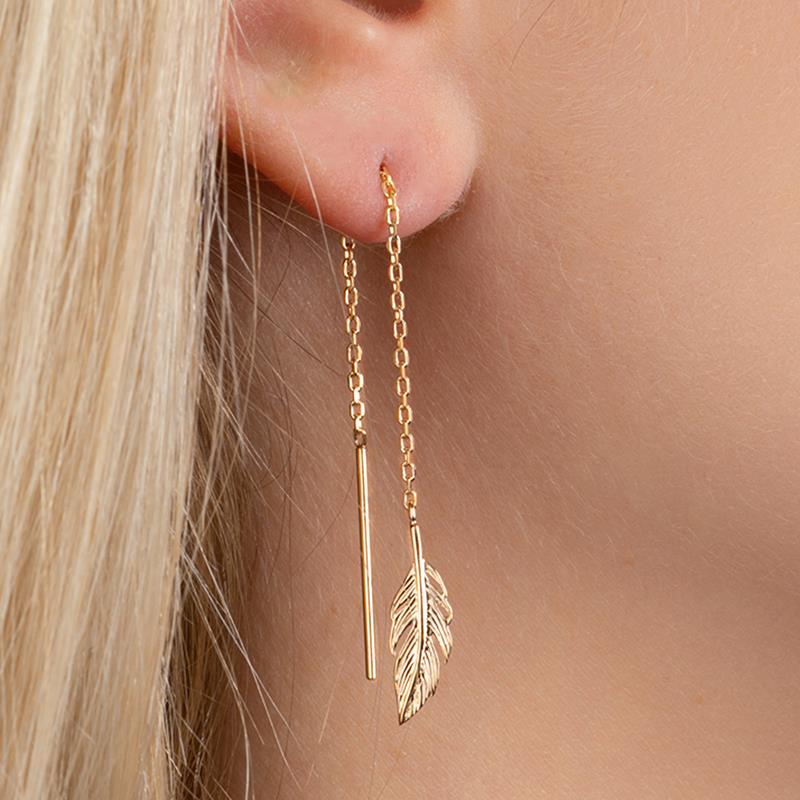 Damen Ohrhänger Lang Feder Vergoldet - Durchzieh-Ohrringe mit Blatt | Shop Nory