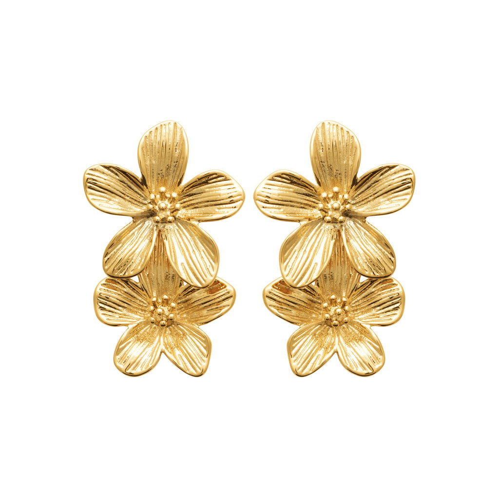 Doppelte Blumen-Ohrringe in goldfarbenem Edelstahl – Elegante goldene Blüten für einen raffinierten Look | Shop Nory