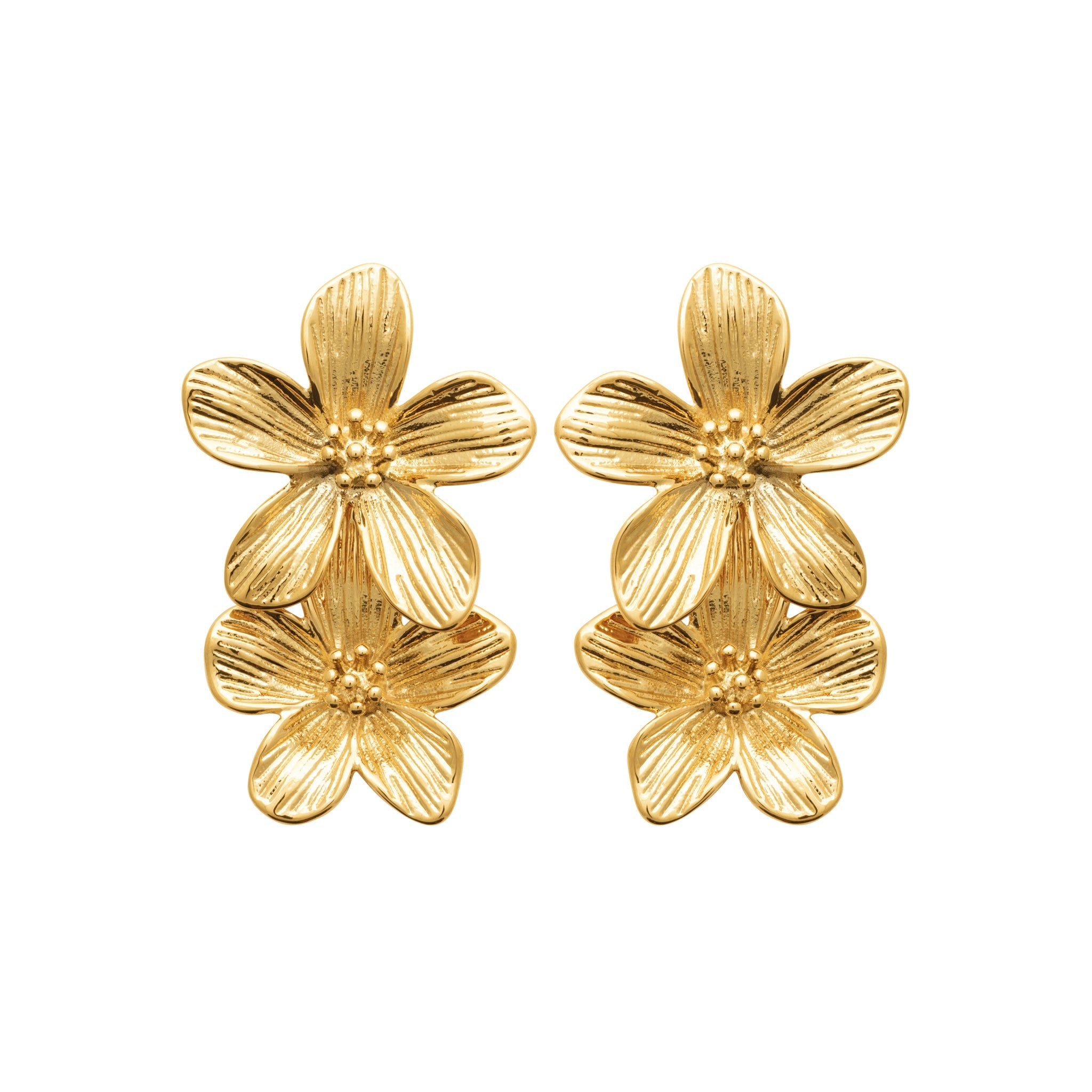 Doppelte Blumen-Ohrringe in goldfarbenem Edelstahl – Elegante goldene Blüten für einen raffinierten Look | Shop Nory