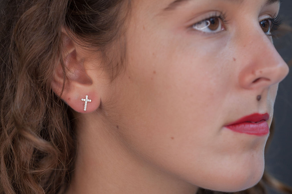 Kreuz Ohrringe Ohrstecker mit Zirkonia - Vergoldet | Shop Nory